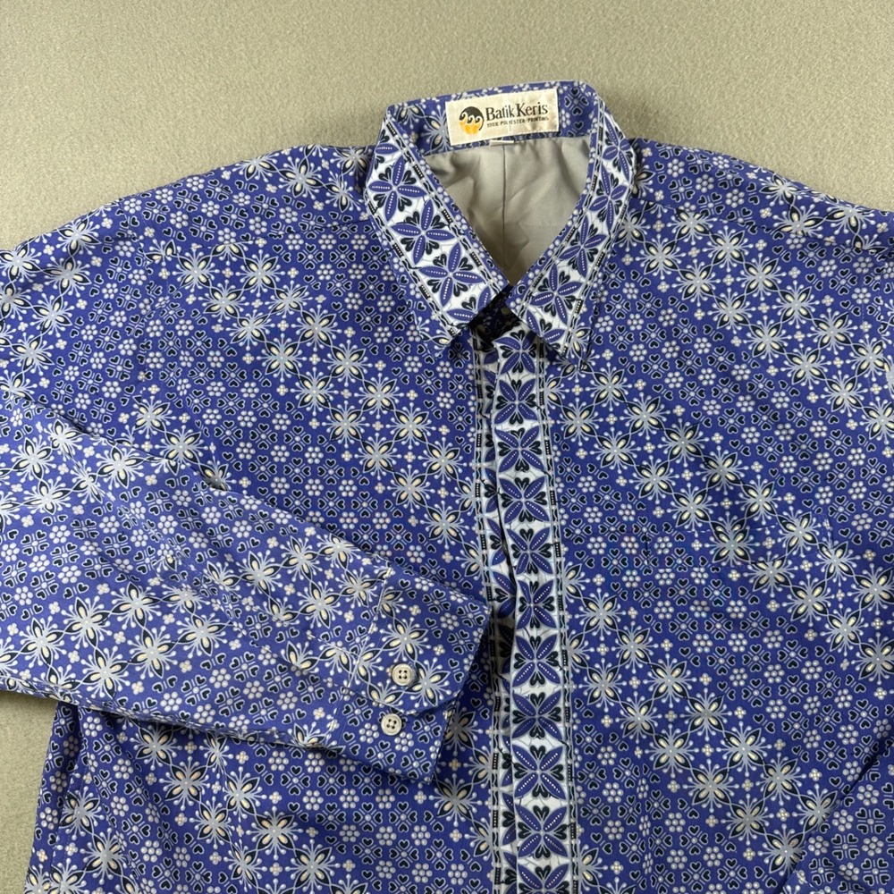 Batik Keris Mens Blue Geometric Floral Print Long Sleeve Button Up Shirt 16.5